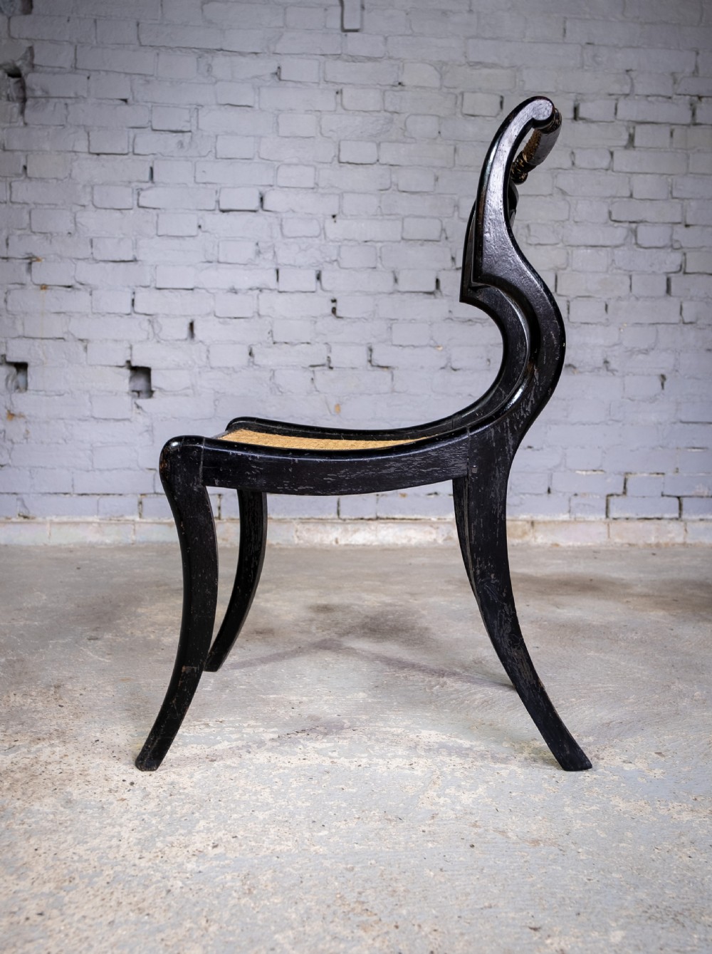 Regency Ebonised, Gilt & Painted Cane Sabre Leg Chair View V