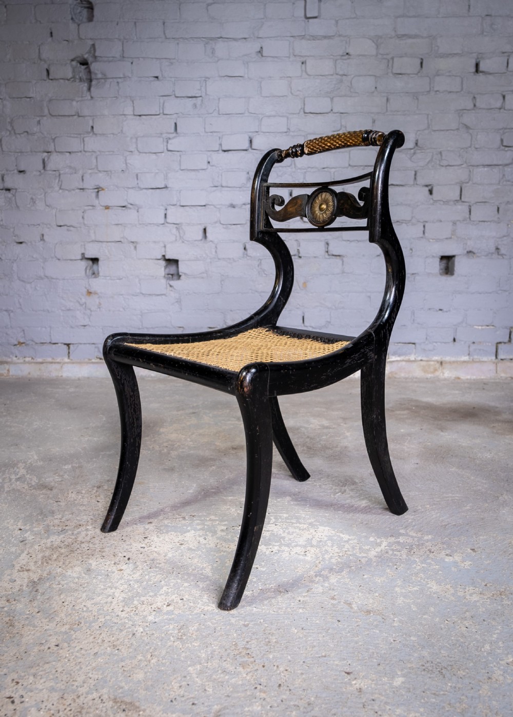 Regency Ebonised, Gilt & Painted Cane Sabre Leg Chair View VI