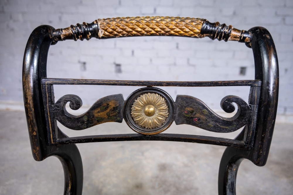 Regency Ebonised, Gilt & Painted Cane Sabre Leg Chair View VII