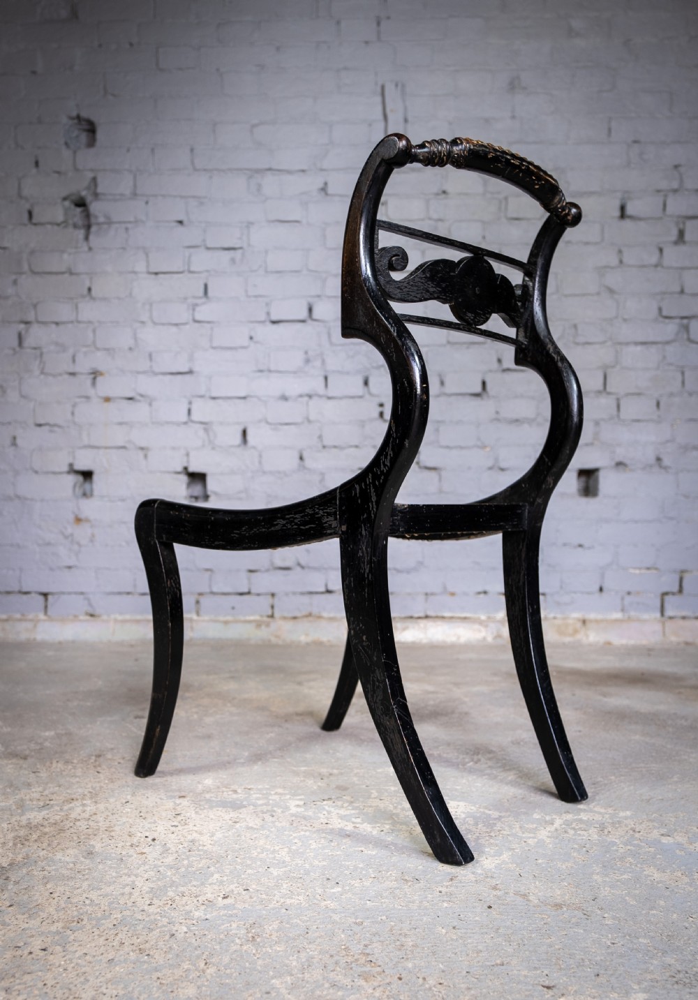 Regency Ebonised, Gilt & Painted Cane Sabre Leg Chair View X