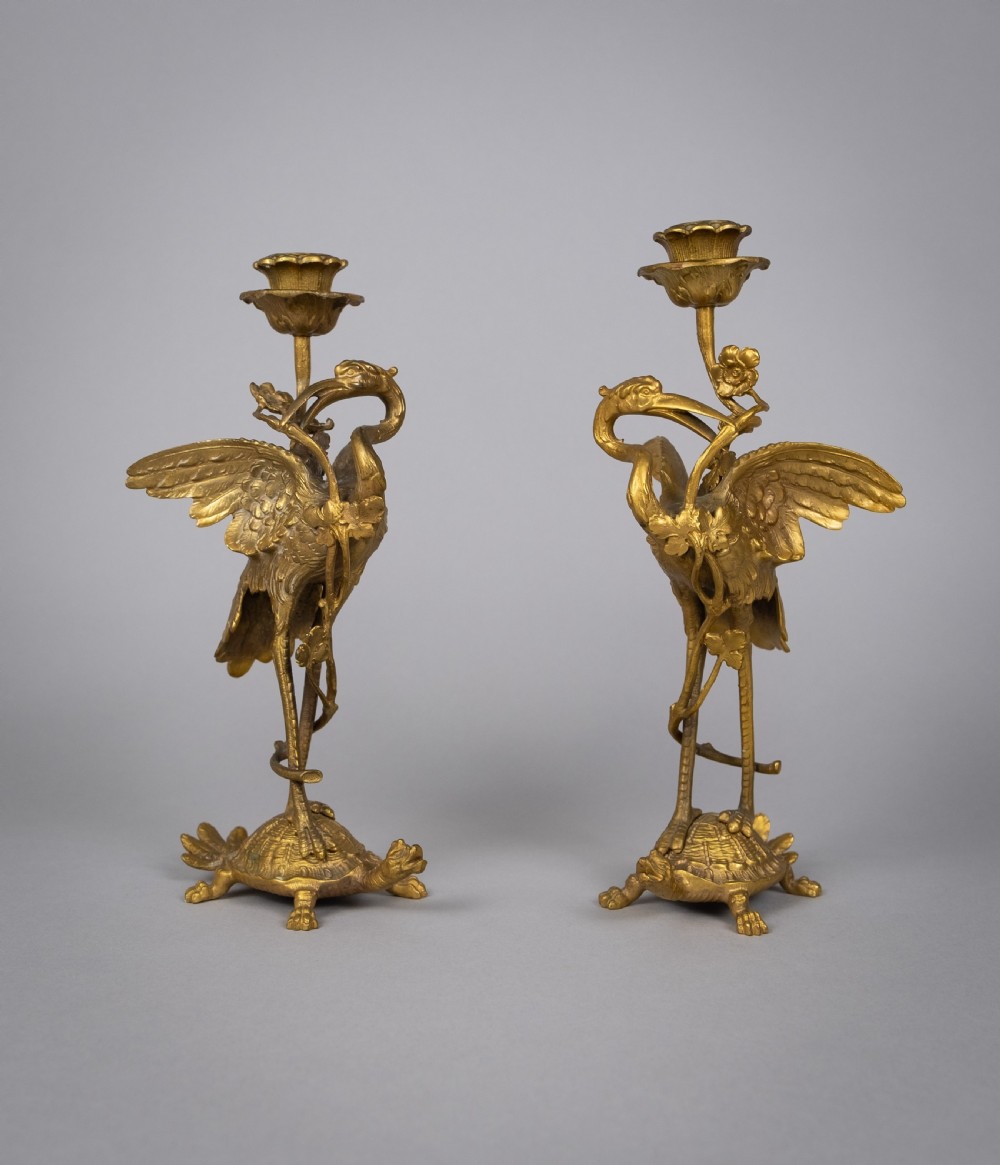 Pair Of French 'Japanesque' Gilt Bronze Candlesticks, c.1890.