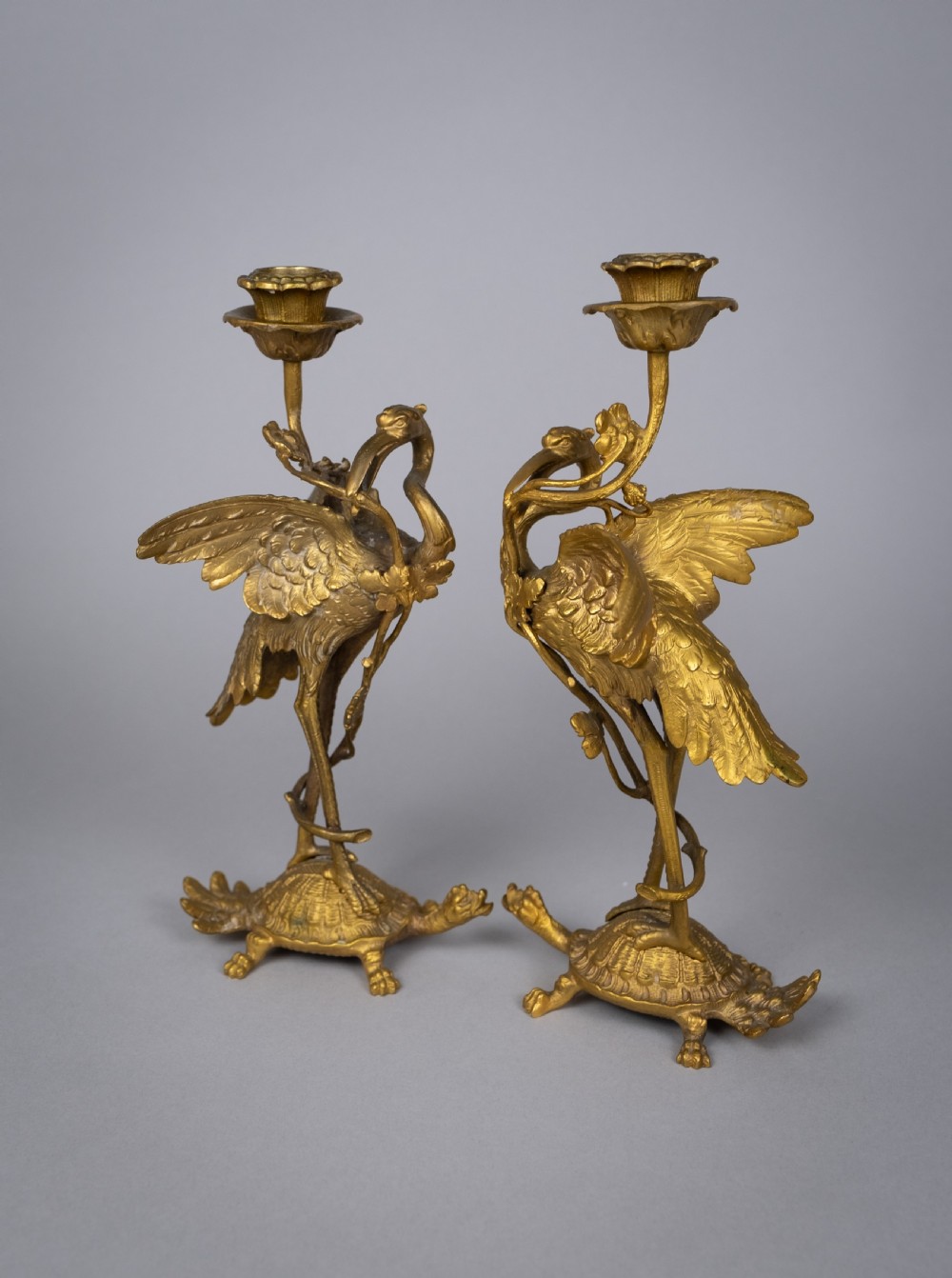 Pair Of French 'Japanesque' Gilt Bronze Candlesticks, c.1890. View II