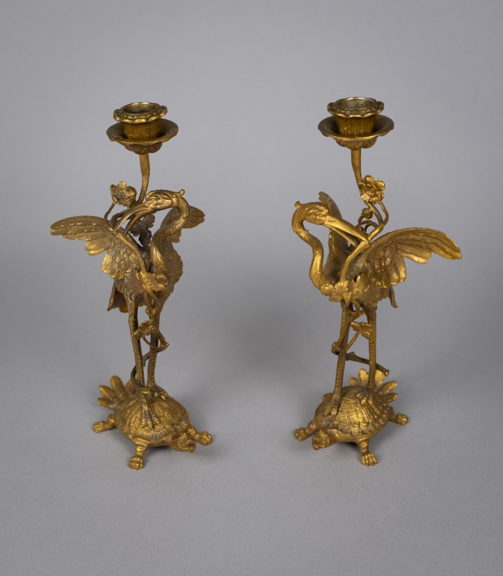 Pair Of French 'Japanesque' Gilt Bronze Candlesticks, c.1890. View VI