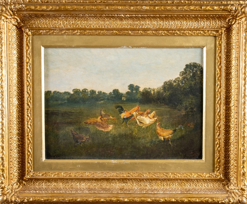 Chickens In A Landscape, Signed & Dated 'A.D, 1883'. Oil On Tin.