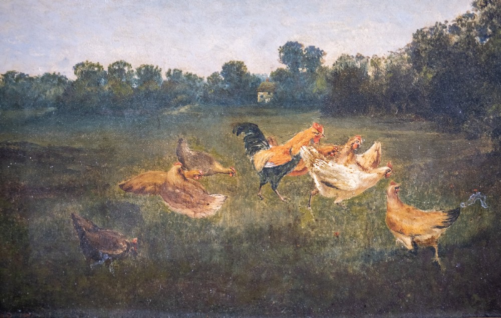 Chickens In A Landscape, Signed & Dated 'A.D, 1883'. Oil On Tin. View II