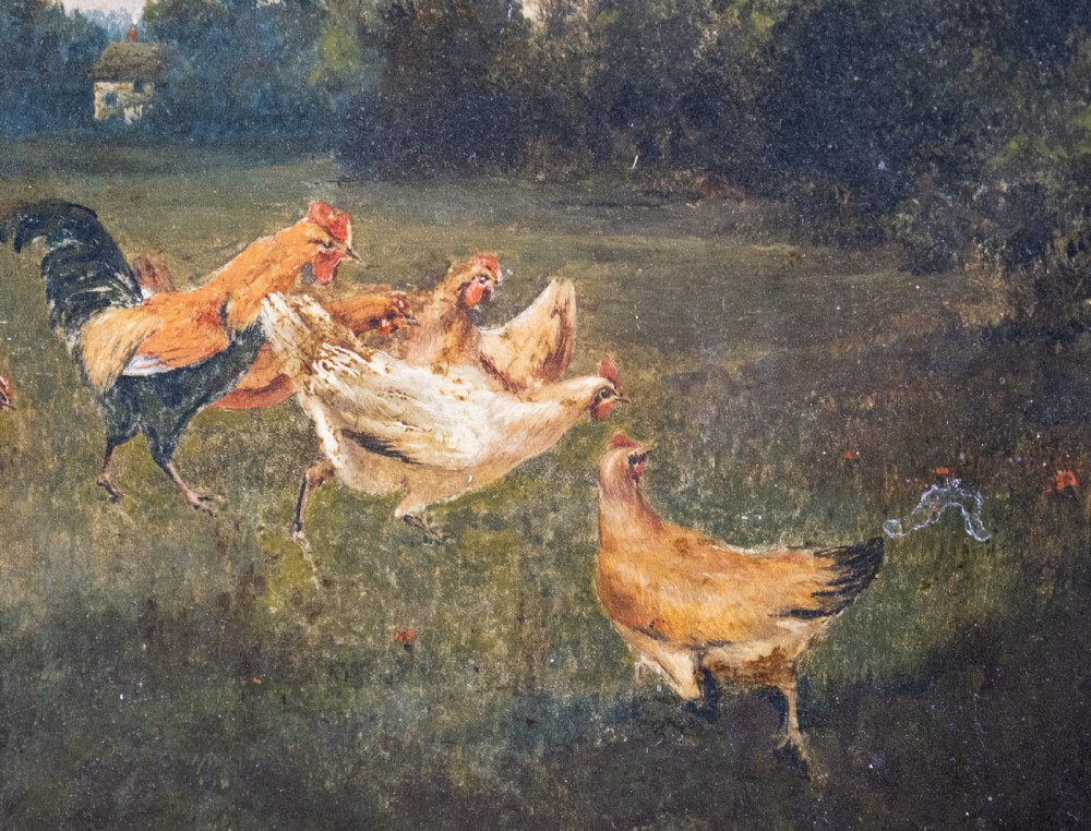 Chickens In A Landscape, Signed & Dated 'A.D, 1883'. Oil On Tin. View III