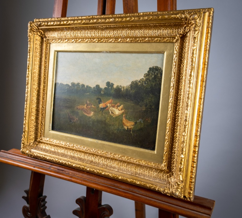 Chickens In A Landscape, Signed & Dated 'A.D, 1883'. Oil On Tin. View VI