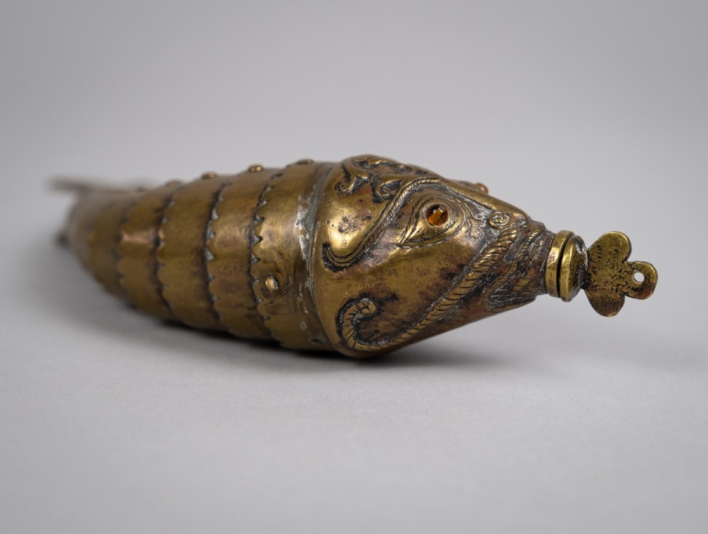 Large 19th Century Indian Brass Articulated Fish Powder Flask View III