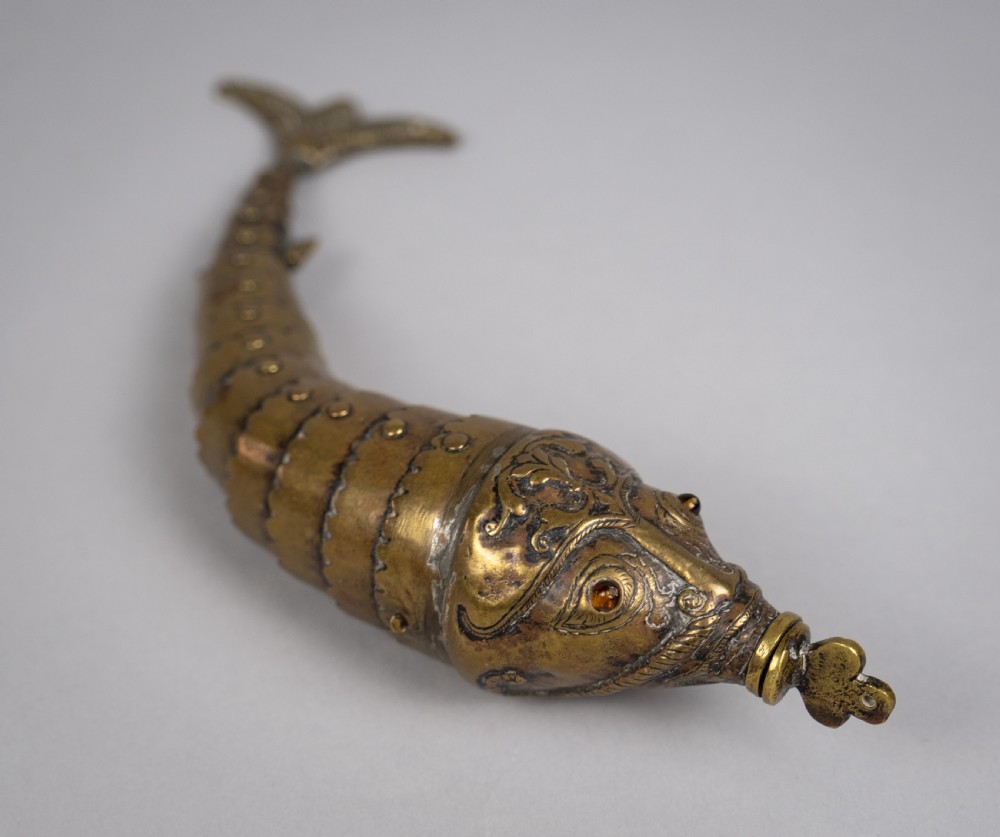 Large 19th Century Indian Brass Articulated Fish Powder Flask