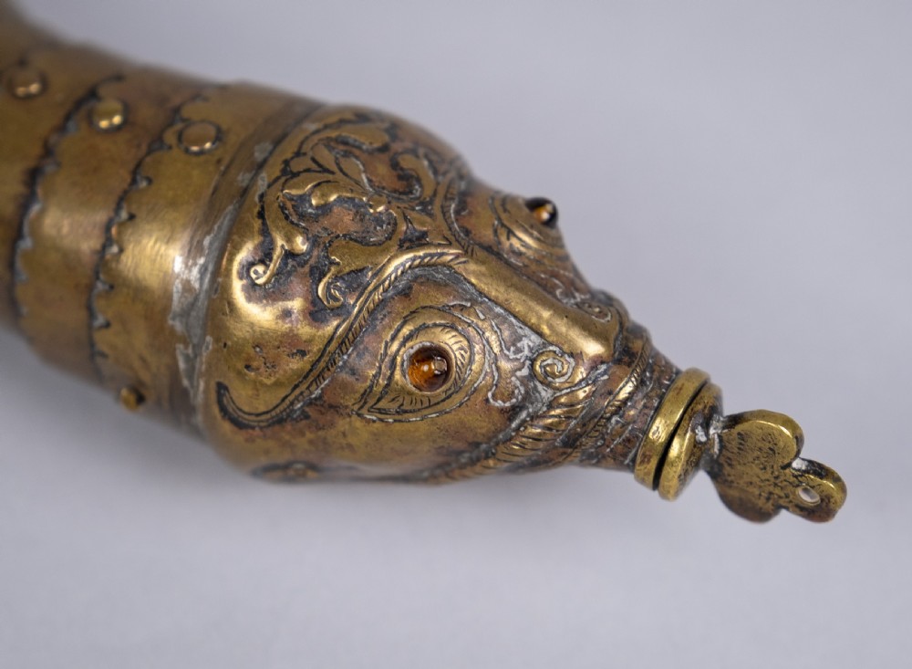 Large 19th Century Indian Brass Articulated Fish Powder Flask View VII