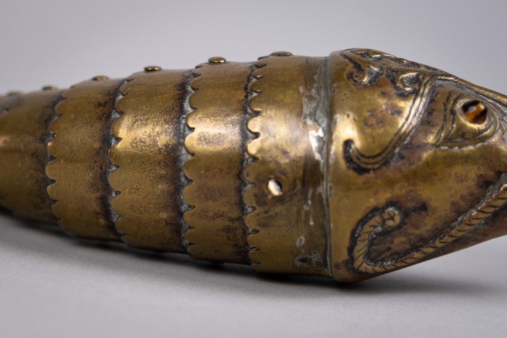 Large 19th Century Indian Brass Articulated Fish Powder Flask View VIII