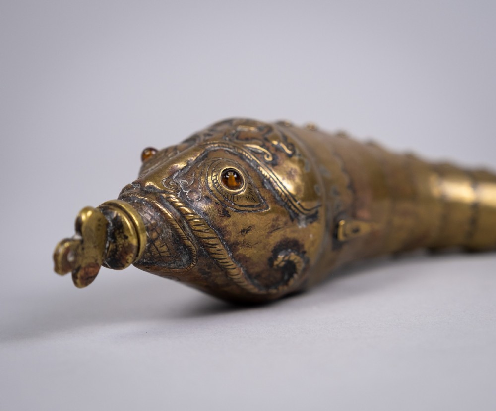 Large 19th Century Indian Brass Articulated Fish Powder Flask View IX