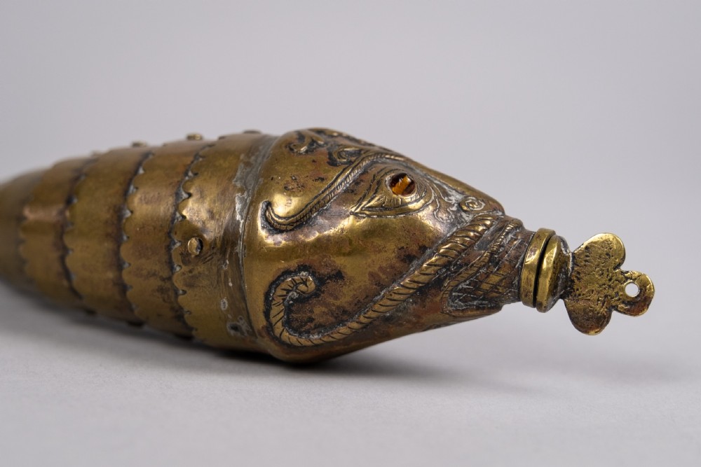 Large 19th Century Indian Brass Articulated Fish Powder Flask View X