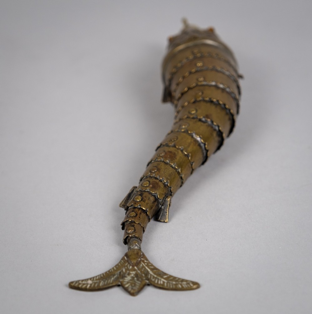 Large 19th Century Indian Brass Articulated Fish Powder Flask View XI