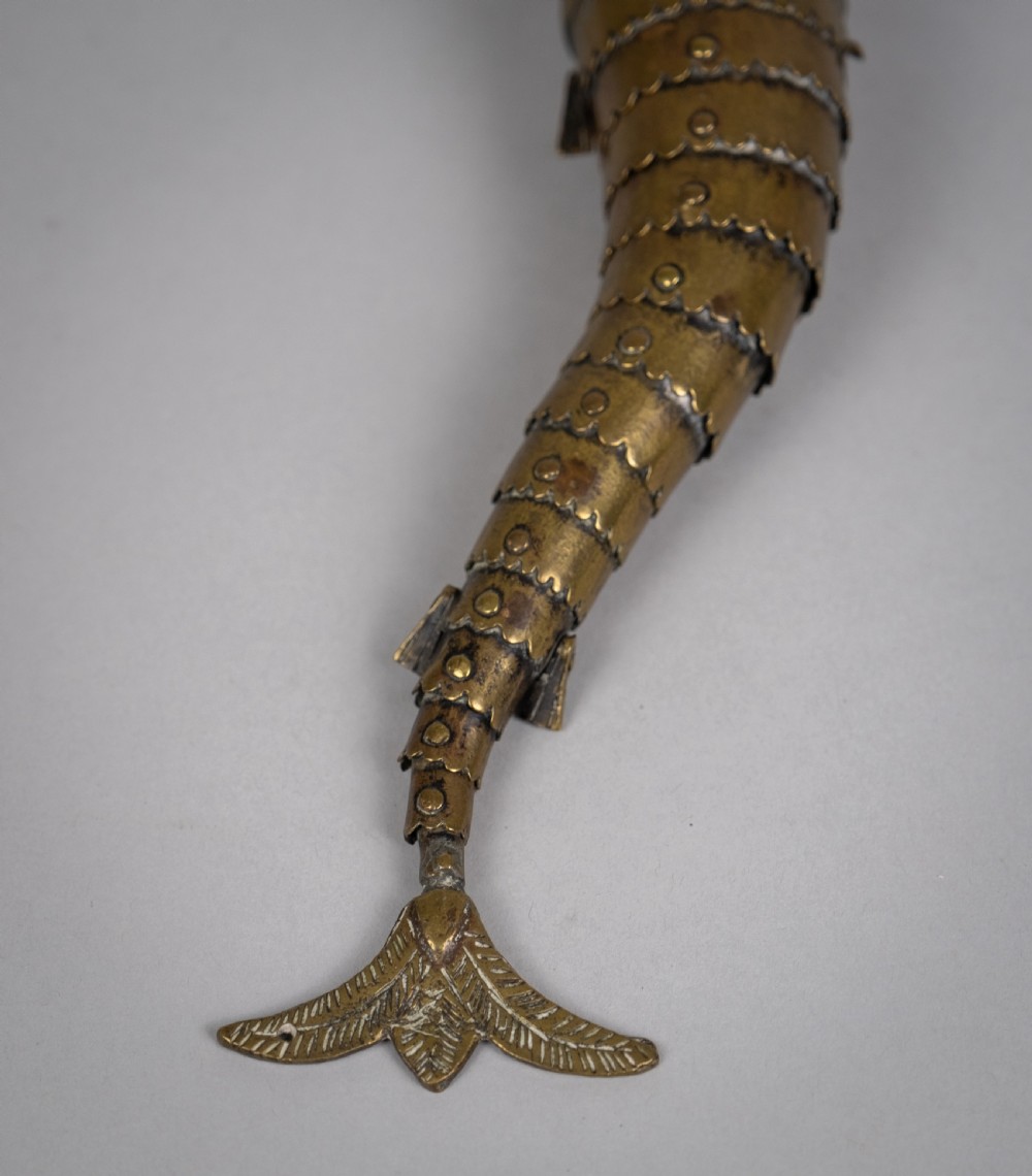 Large 19th Century Indian Brass Articulated Fish Powder Flask View XII