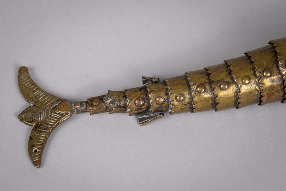 Large 19th Century Indian Brass Articulated Fish Powder Flask View XIV