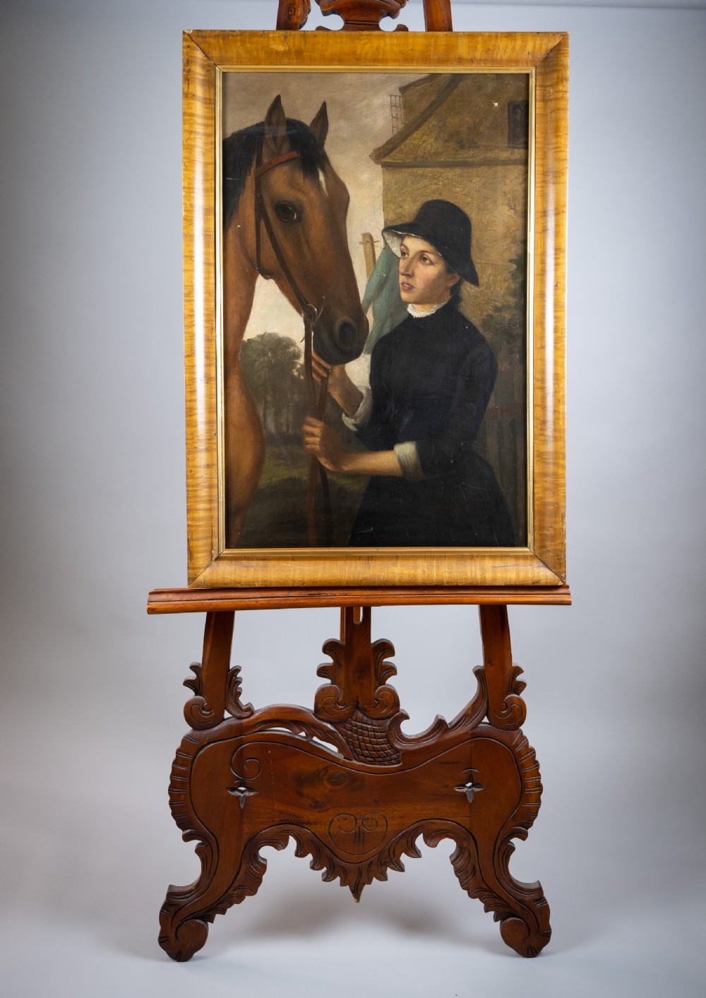 19th Century Oil On Canvas Horse & Rider In Maple Frame.