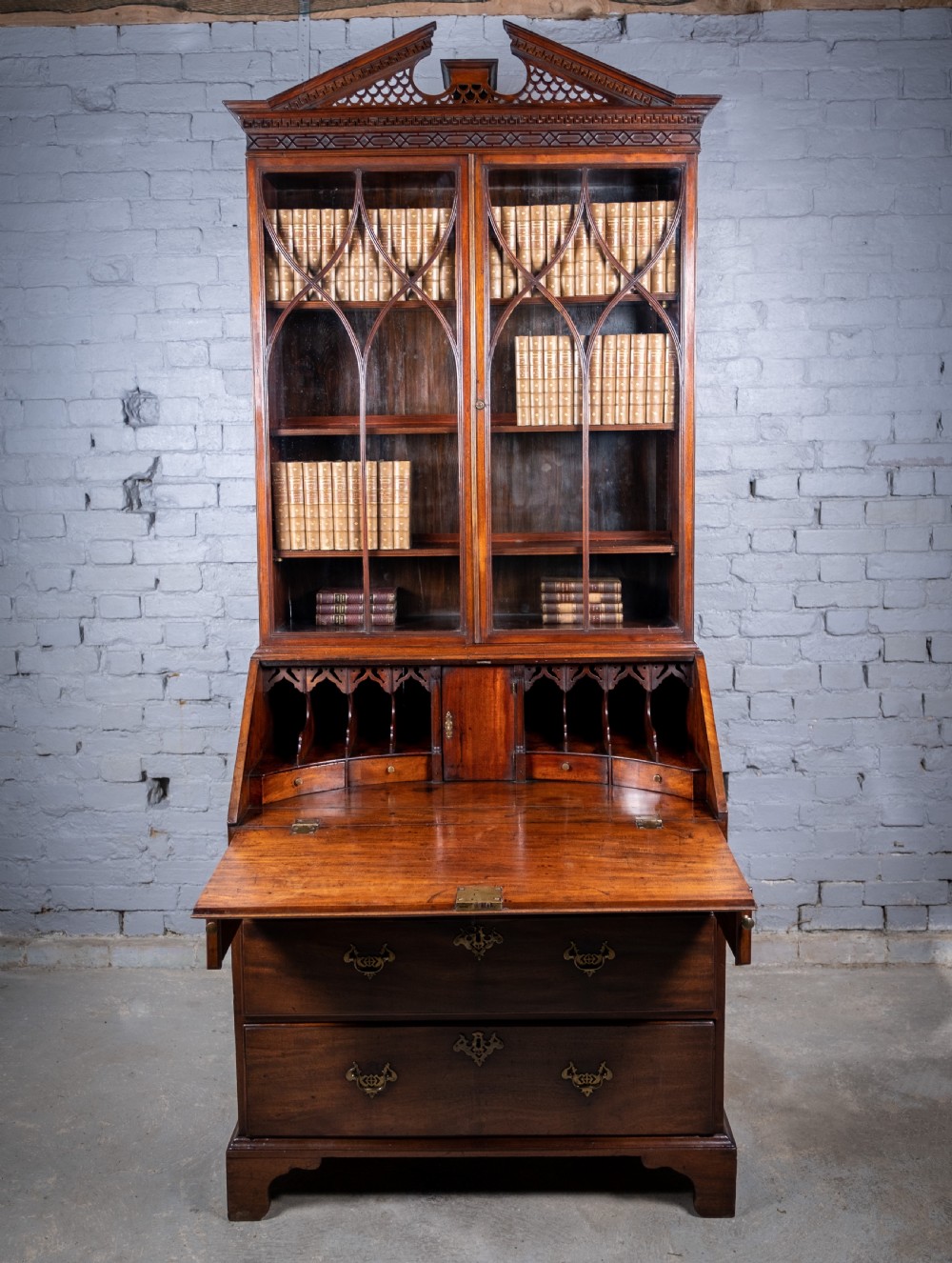 Fine George II Chippendale Period Bureau Bookcase With Bramah Lock.