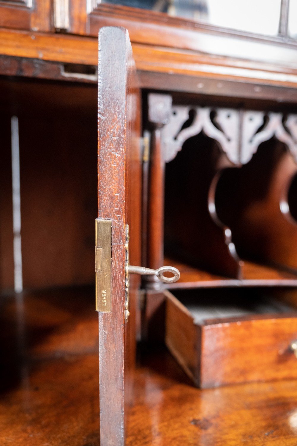 Fine George II Chippendale Period Bureau Bookcase With Bramah Lock. View IX