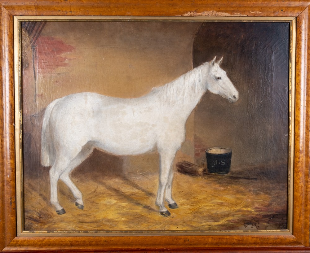 R. Cooper, 1849 - Portrait Of A White Horse In Stable, Signed & Dated. Oil On Canvas.