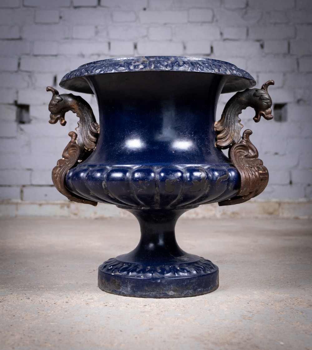 French Alfred Corneau Blue Enamel Cast Iron Urn With Griffin Handles
