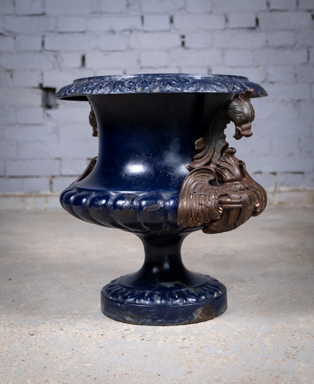 French Alfred Corneau Blue Enamel Cast Iron Urn With Griffin Handles View II