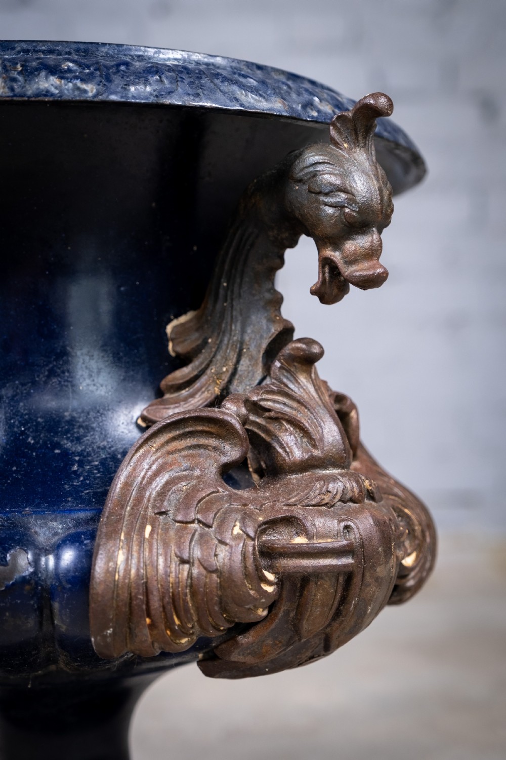 French Alfred Corneau Blue Enamel Cast Iron Urn With Griffin Handles View III