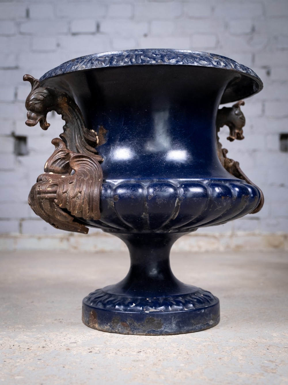French Alfred Corneau Blue Enamel Cast Iron Urn With Griffin Handles View IV