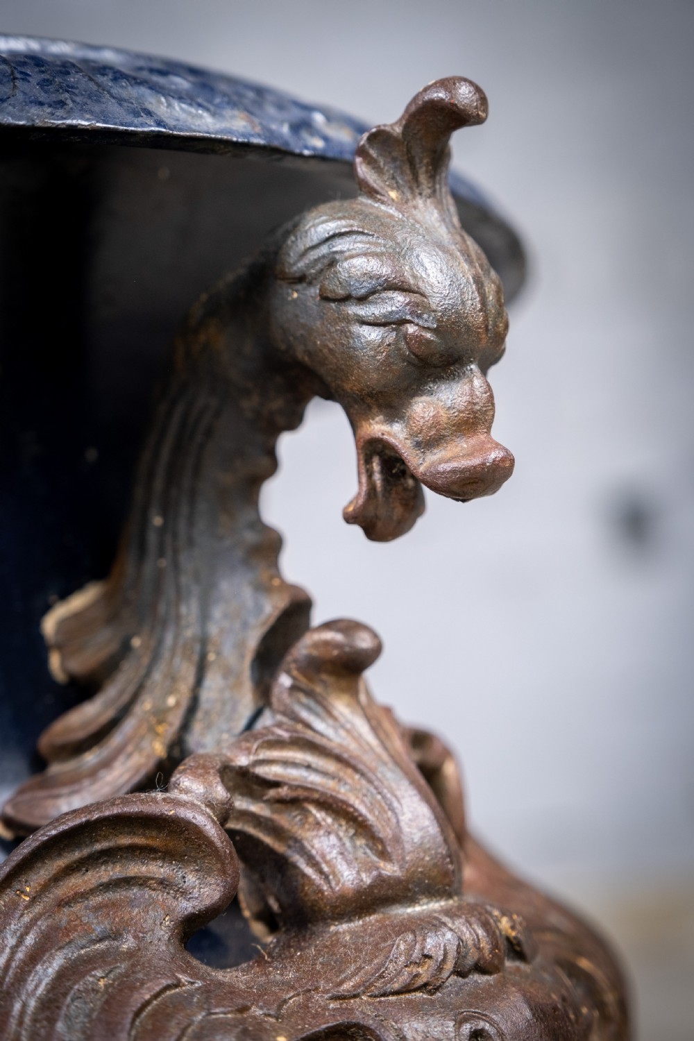 French Alfred Corneau Blue Enamel Cast Iron Urn With Griffin Handles View V