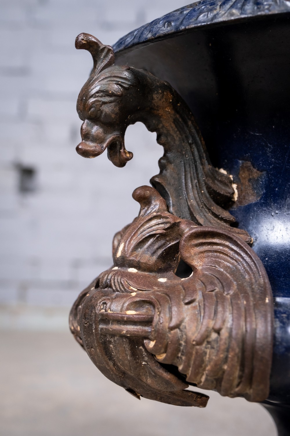 French Alfred Corneau Blue Enamel Cast Iron Urn With Griffin Handles View VI