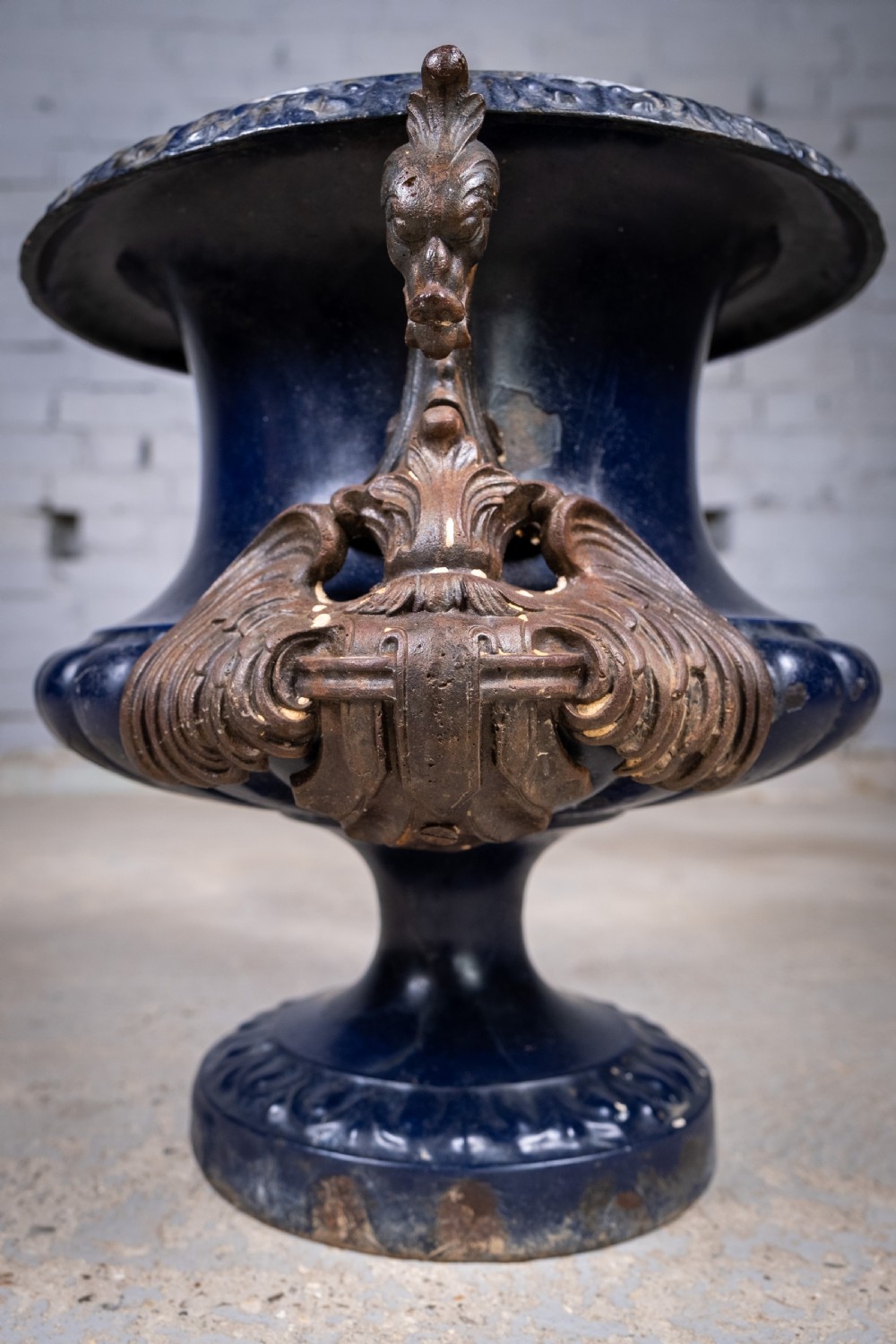 French Alfred Corneau Blue Enamel Cast Iron Urn With Griffin Handles View VII