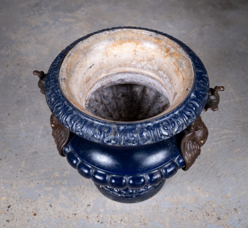 French Alfred Corneau Blue Enamel Cast Iron Urn With Griffin Handles View IX