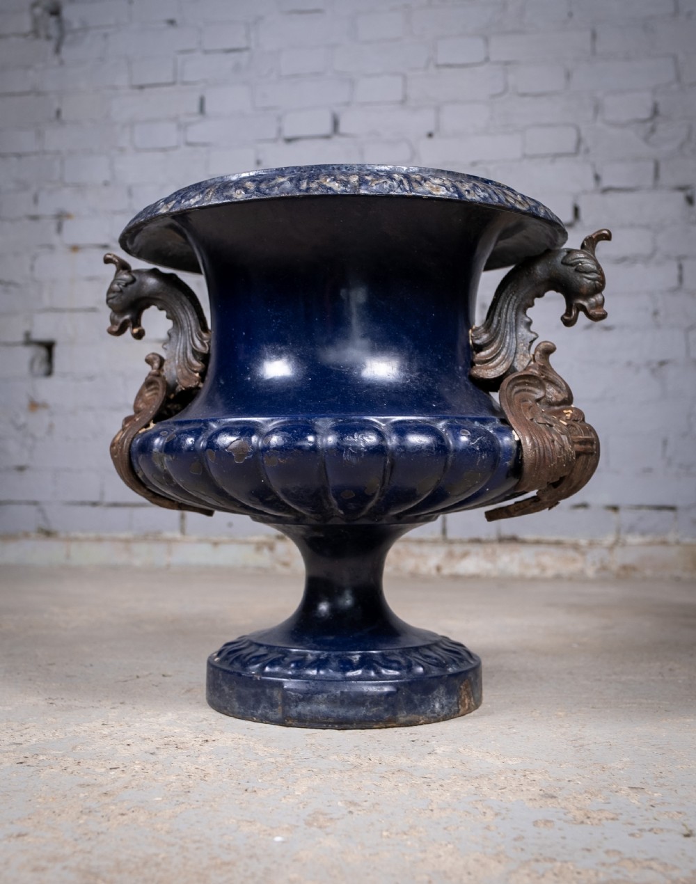 French Alfred Corneau Blue Enamel Cast Iron Urn With Griffin Handles View XI