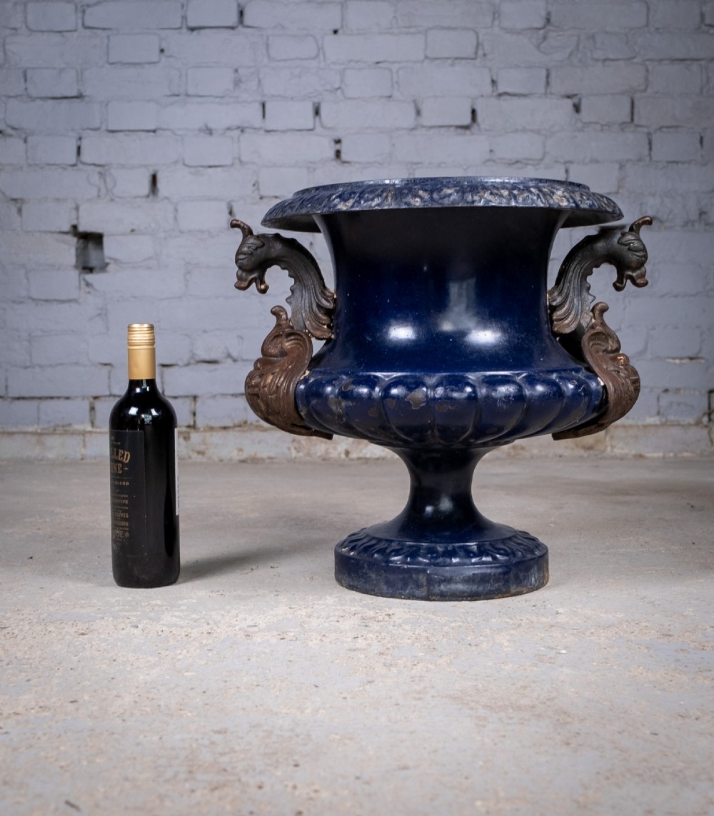 French Alfred Corneau Blue Enamel Cast Iron Urn With Griffin Handles View XII