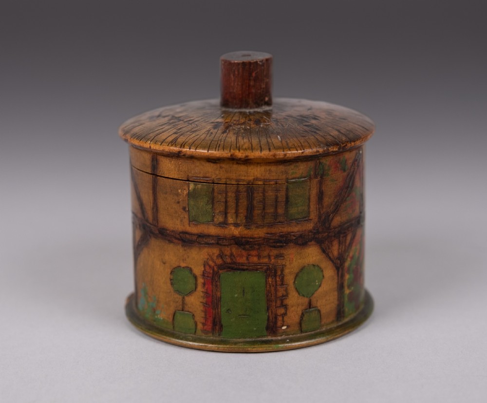 Folk Art 'Thatched Cottage' Polychrome Treen String Box