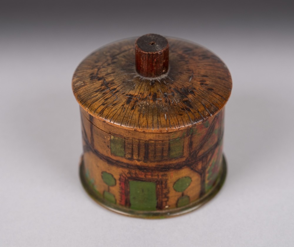 Folk Art 'Thatched Cottage' Polychrome Treen String Box View II