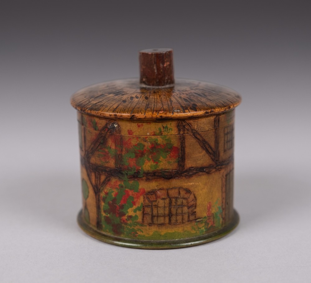 Folk Art 'Thatched Cottage' Polychrome Treen String Box View III