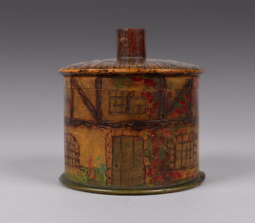 Folk Art 'Thatched Cottage' Polychrome Treen String Box View IV