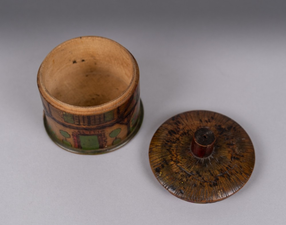 Folk Art 'Thatched Cottage' Polychrome Treen String Box View VI