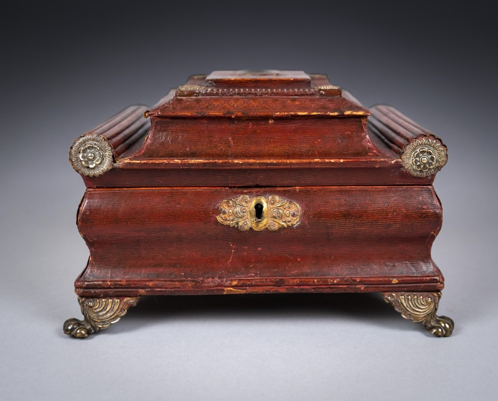 Regency Red Leather & Brass Workbox With Secret Compartment. View IV