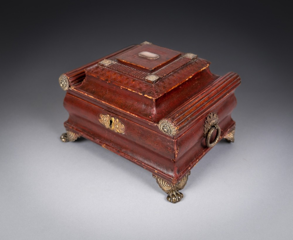 Regency Red Leather & Brass Workbox With Secret Compartment. View II