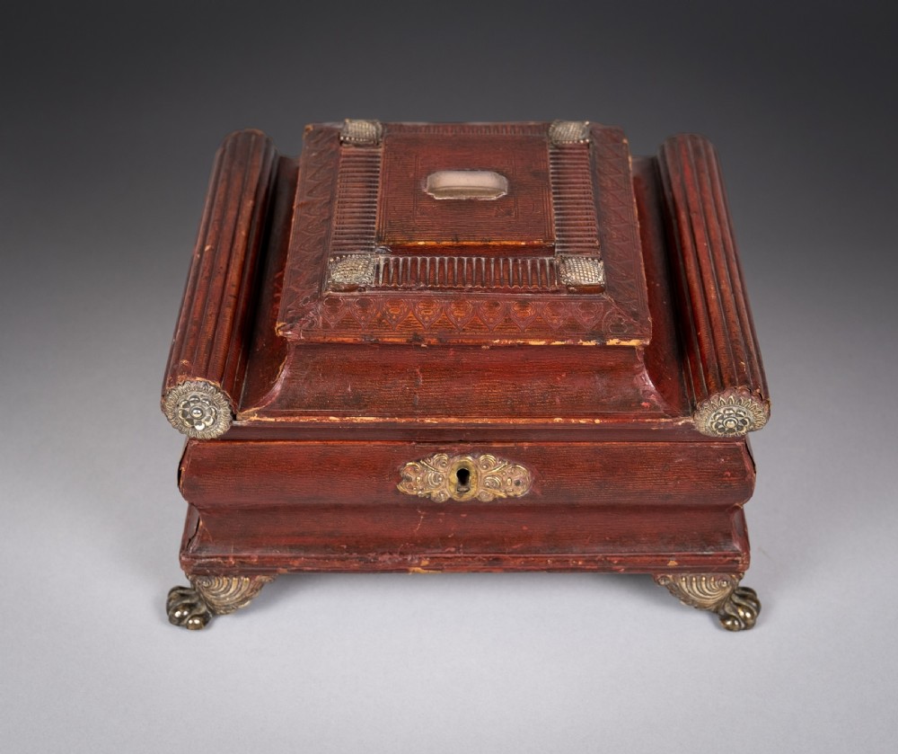 Regency Red Leather & Brass Workbox With Secret Compartment. View III