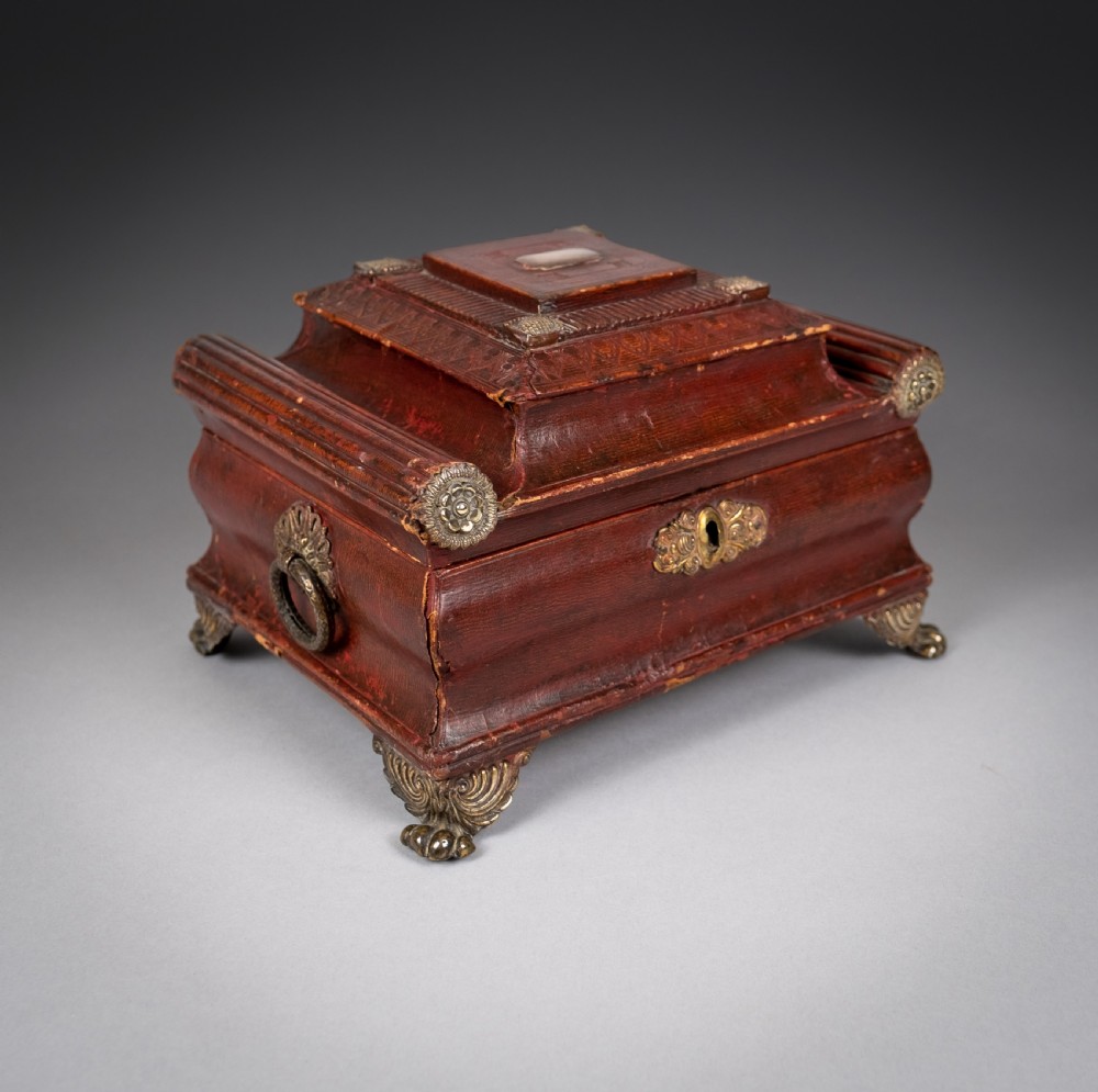 Regency Red Leather & Brass Workbox With Secret Compartment.