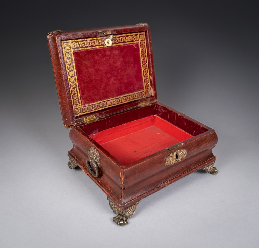 Regency Red Leather & Brass Workbox With Secret Compartment. View V