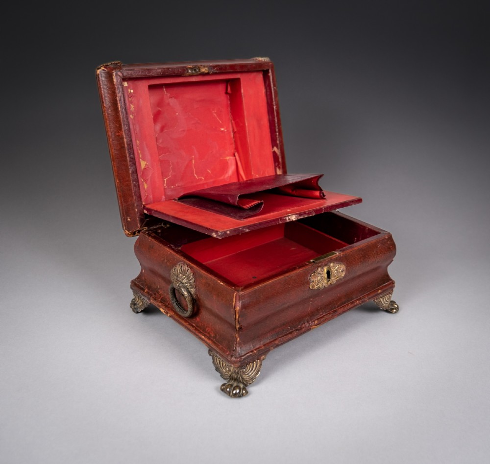 Regency Red Leather & Brass Workbox With Secret Compartment. View VI