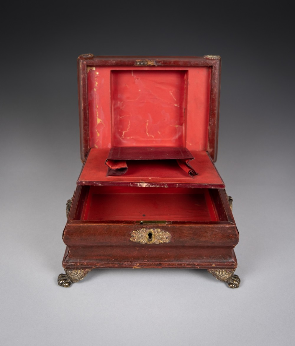 Regency Red Leather & Brass Workbox With Secret Compartment. View VII