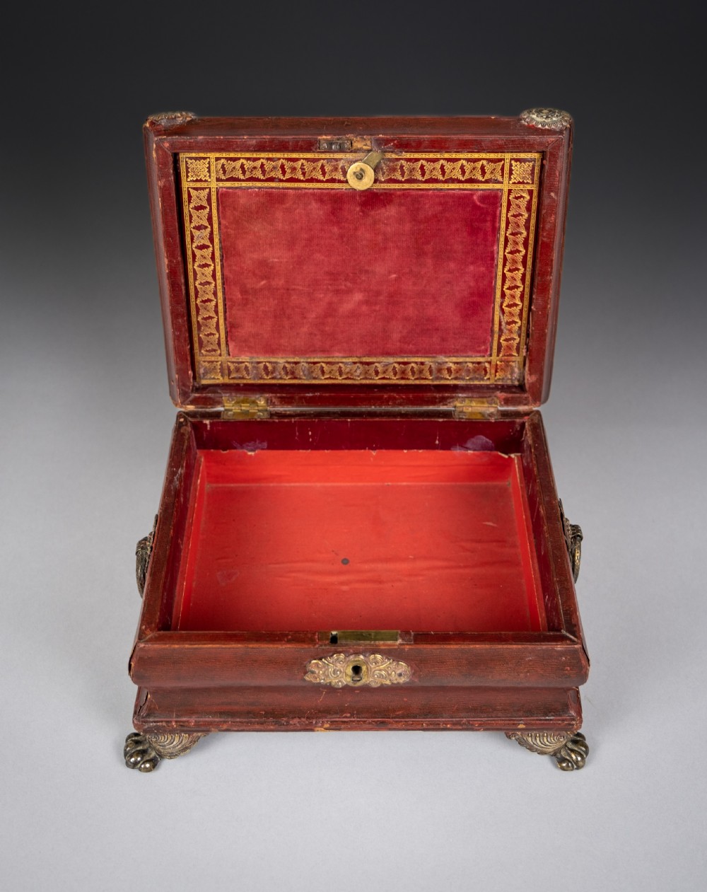 Regency Red Leather & Brass Workbox With Secret Compartment. View VIII