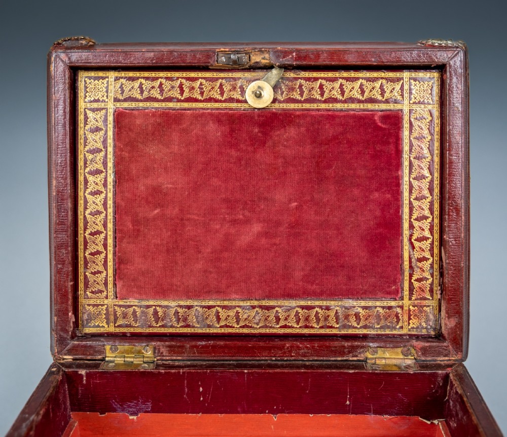 Regency Red Leather & Brass Workbox With Secret Compartment. View IX