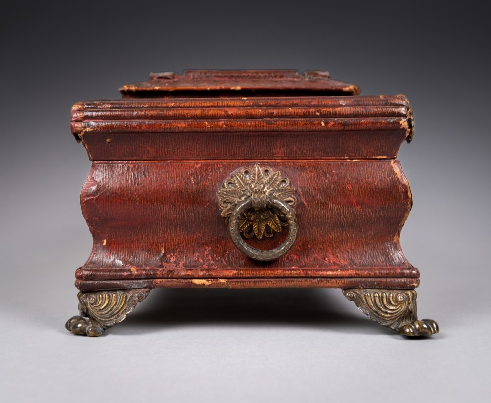 Regency Red Leather & Brass Workbox With Secret Compartment. View X