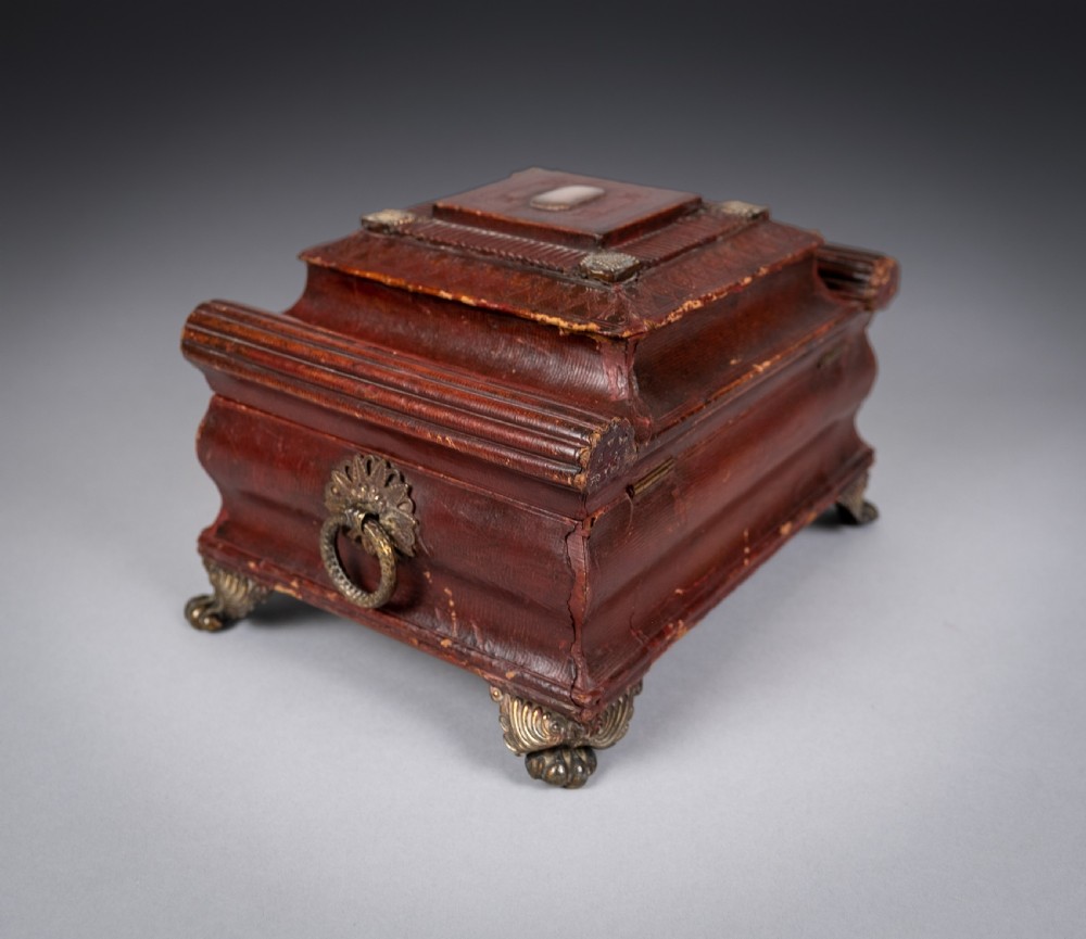Regency Red Leather & Brass Workbox With Secret Compartment. View XI